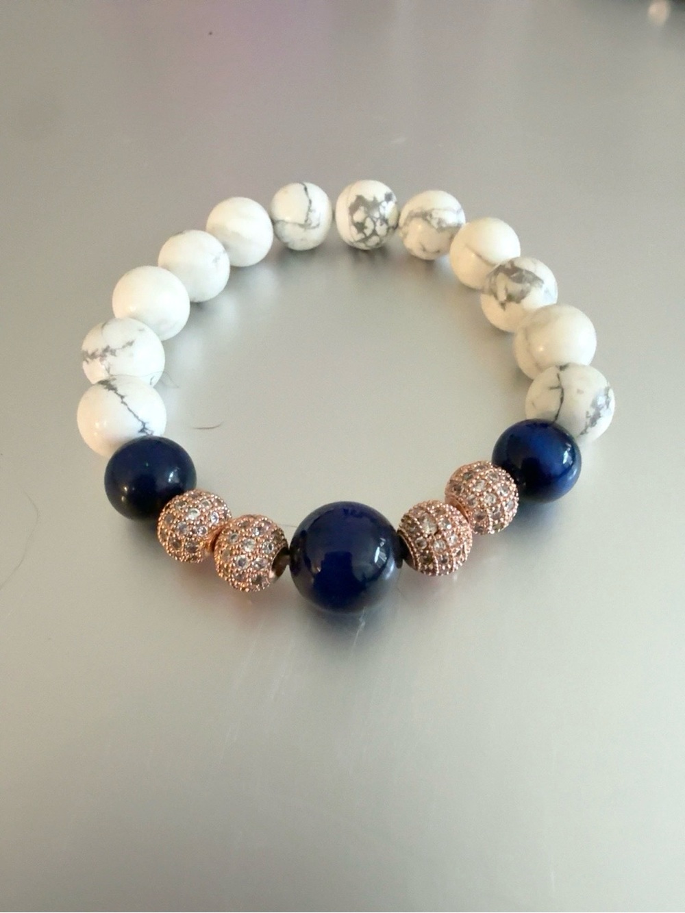 Handmade 10mm Howlite & 12mm Blue Tiger Eye Stretch Bracelet – Rose Gold Accents